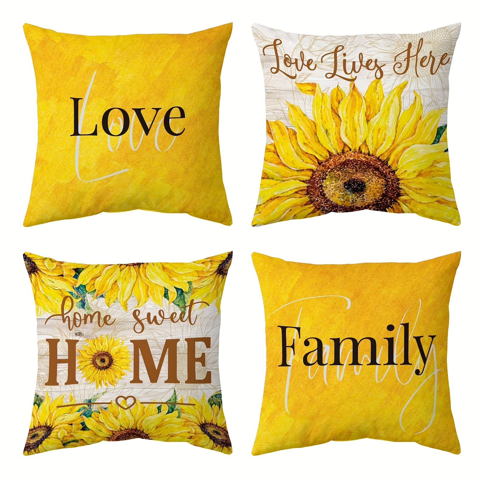 

4pcs, Linen Blend Yellow Letter Sunflower Summer Throw Pillowcase