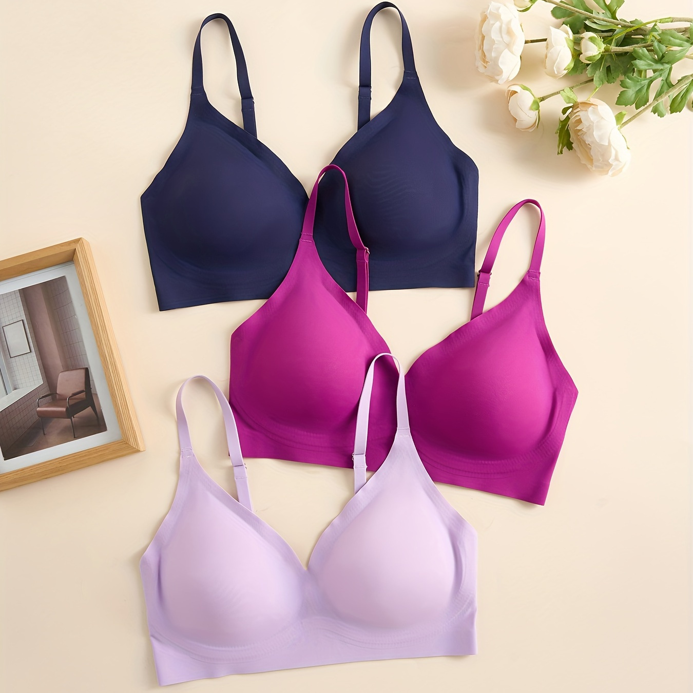 

3-pack Seamless Wireless Bras For Women, V-neck Basic Style Solid Colored , Comfort Fit Bralette Set – Navy, Pink, Lavender