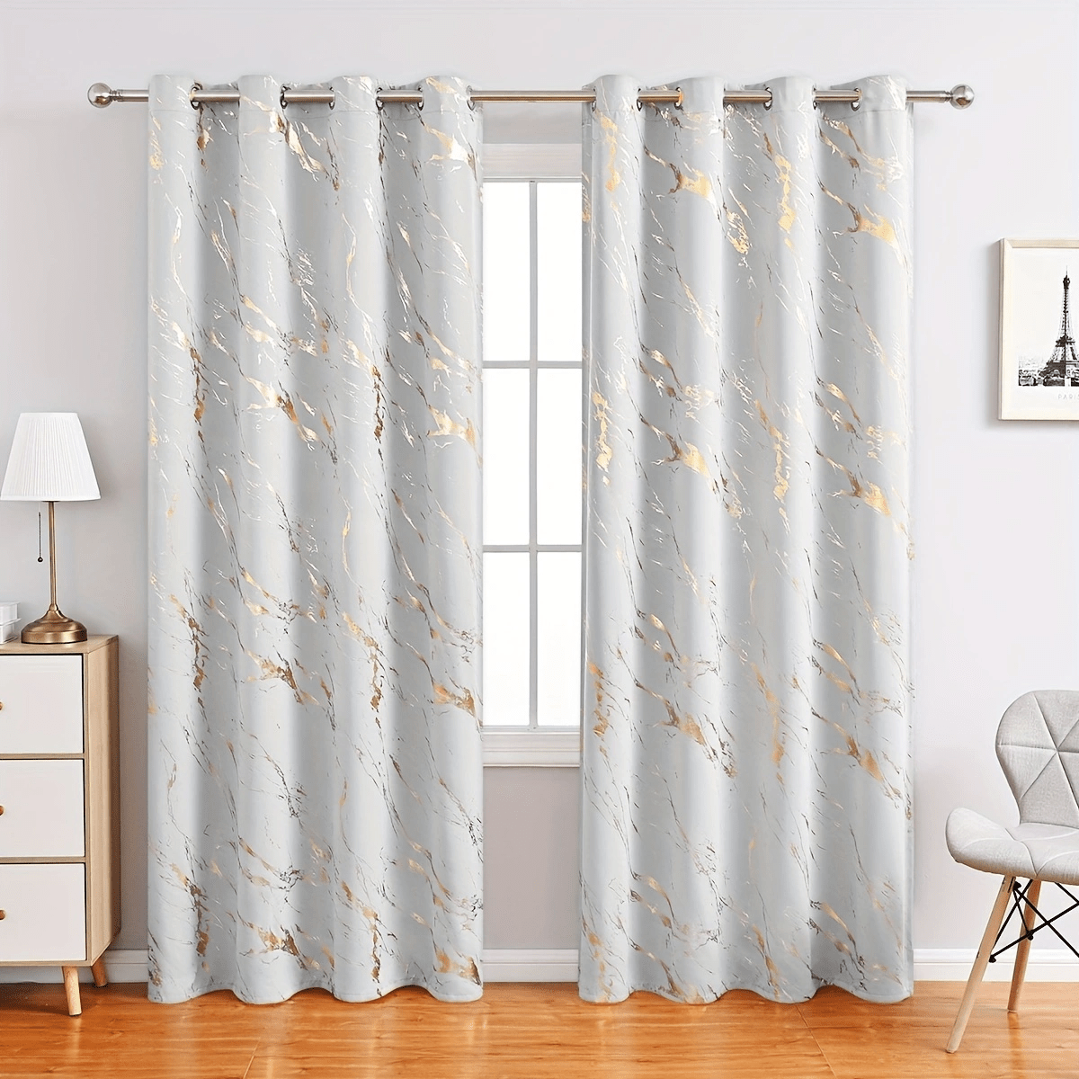 Wabjtam Cortinas Blancas 62 Pulgadas de Largo 1 Paneles, Mármol Artístico  Abstracto Lámina de Oro Metálico Impreso Moderno De Tratamiento de Ventanas  Par de Cortinas Para Dormitorio L