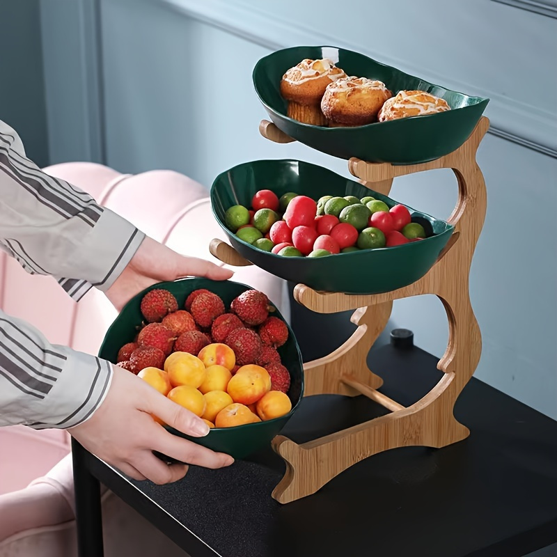 

1pc, 2/3-tier Wooden Fruit Stand, Scandinavian Luxury Style, Double Layer Fruit Bowl, Creative Candy Display Piece For Living Room, Home Wooden Snack Tray, Natural Wood Material