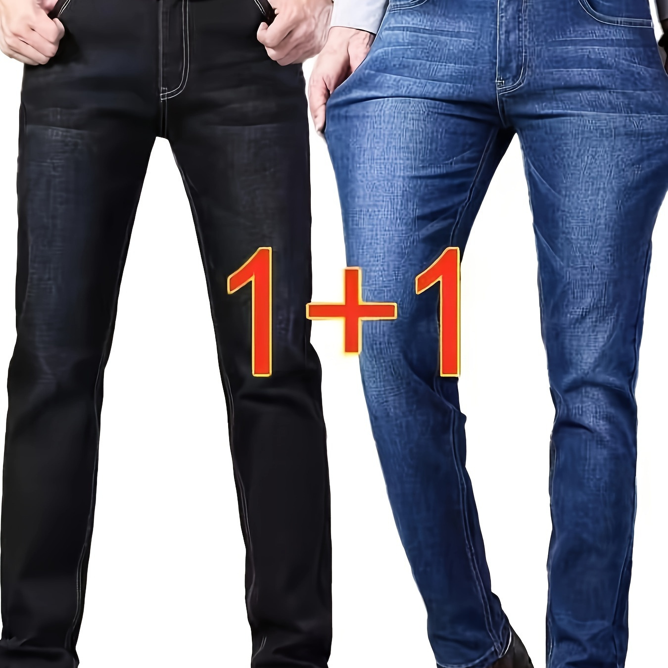 

2 Pcs Men' Denim Pants With Pockets, Causal Cotton Jeans For Outdoor Activities