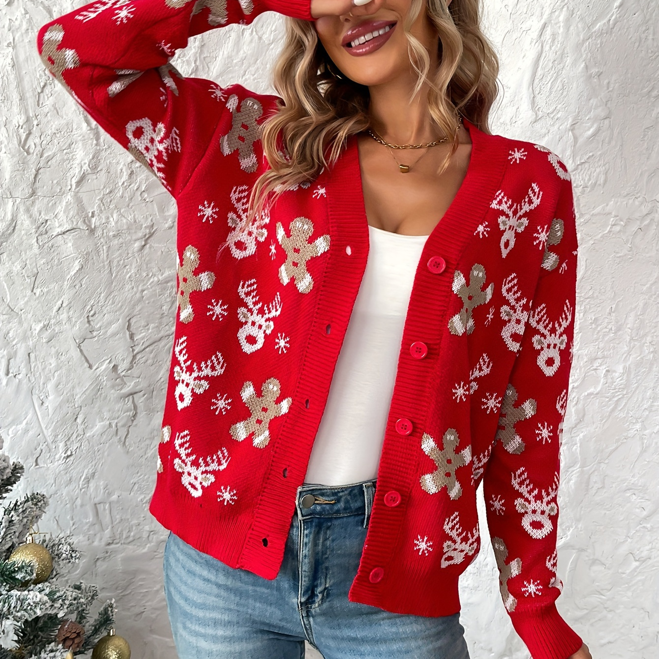 

Elegant V-neck Cardigan With Deer & Pattern, Knit Polyester, Button Front Long Sleeve Sweater For Women - Machine Washable, Fall/winter, Fan Flo