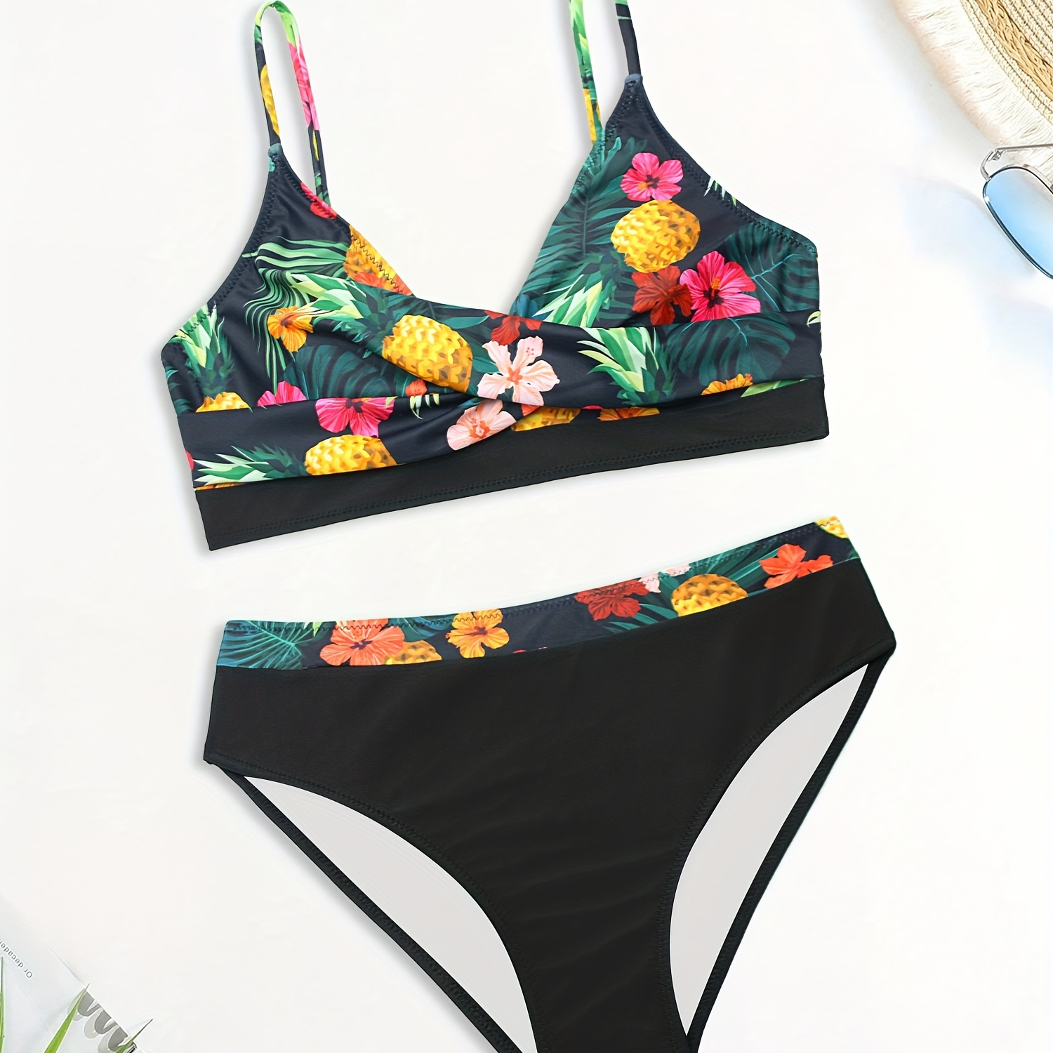 

Tropical Print 2 Piece Set Bikini, V Neck Stretchy High Cut Swimsuits, Women's Swimwear & Clothing