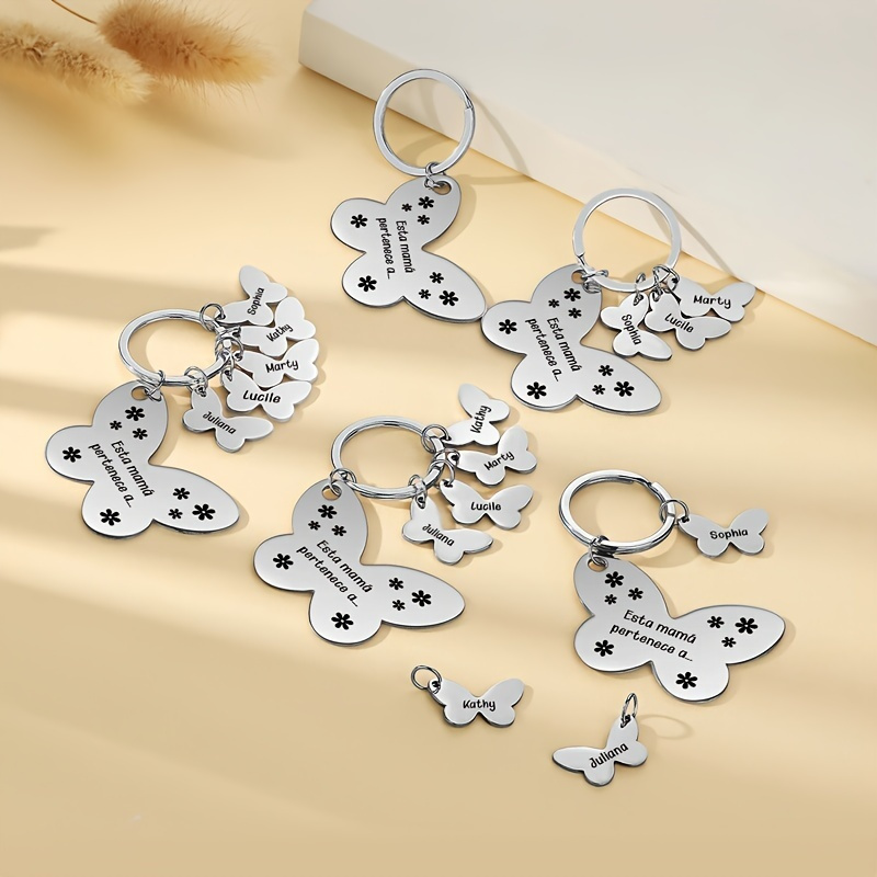 

Personalized Stainless Steel Butterfly Keychain Custom Engraved With Names And Text - Alphabet Themed Pendant, Anniversary Festival Gift, Family Love Keyring With Ring Buckle, Single Piece