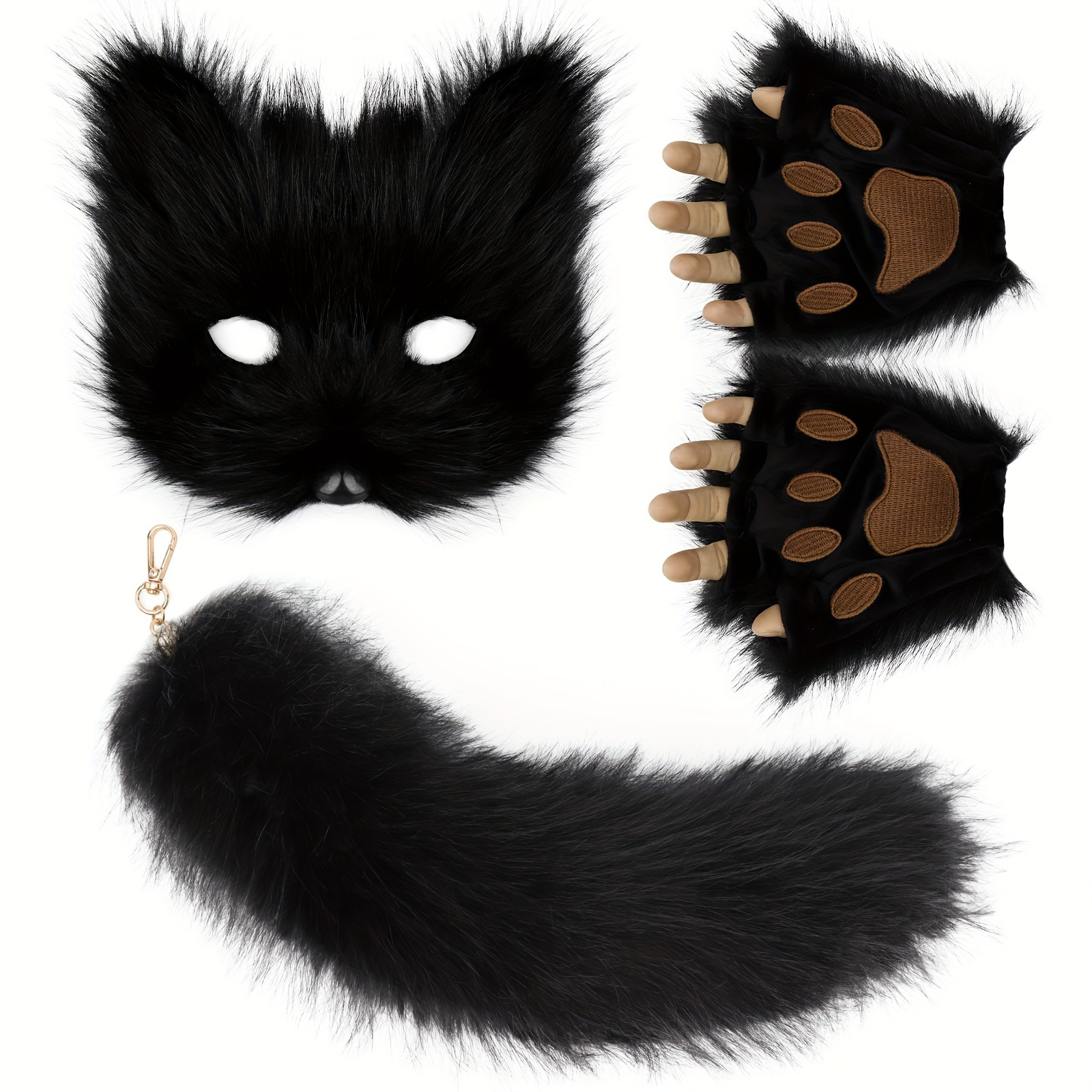 

Fluffy Fur Keychain Gloves And Wolf Therian Mask Set For Halloween Cosplay Costume Accessories