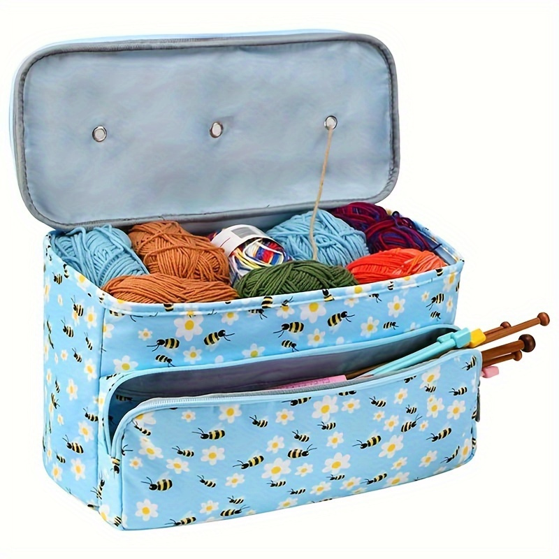 

1pc Super Large Capacity Bee Pattern Storage Bag, Blue Knitted Wool Multi Functional Hand In Hand Storage Bag