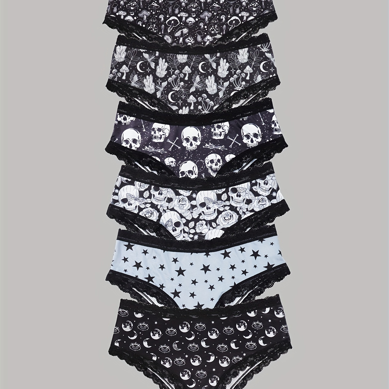 

6pcs Women Plus Size Sexy Gothic Lace Trims Briefs Panties Low Waisted Bikinis, Halloween Skulls & Stars & Jack-o-lanterns & Mushrooms Print Hipsters, Women's Underwear & Lingerie