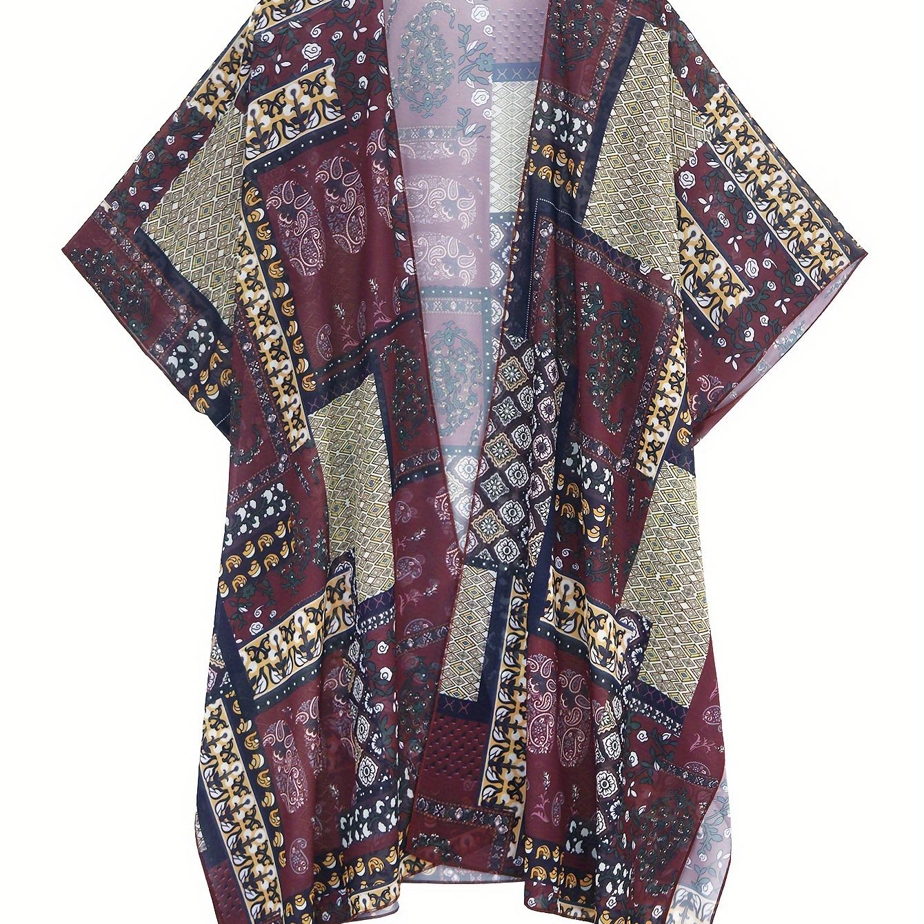 TEMU Bohemian Style Women's Open Front Kimono Cardigan, Casual Elegant Vacation Outerwear With Design, Lightweight Beach Cover-up