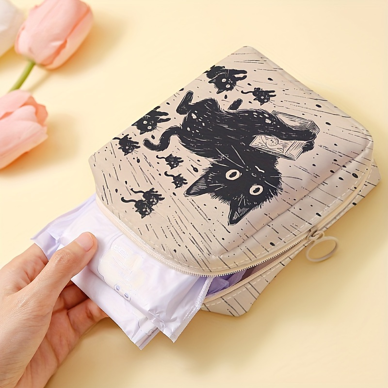 

1pc, Black Cat Pattern Portable Mini Sanitary Napkin Storage Bag, Candy Sundries Organizer, Lightweight Multifunctional Pouch