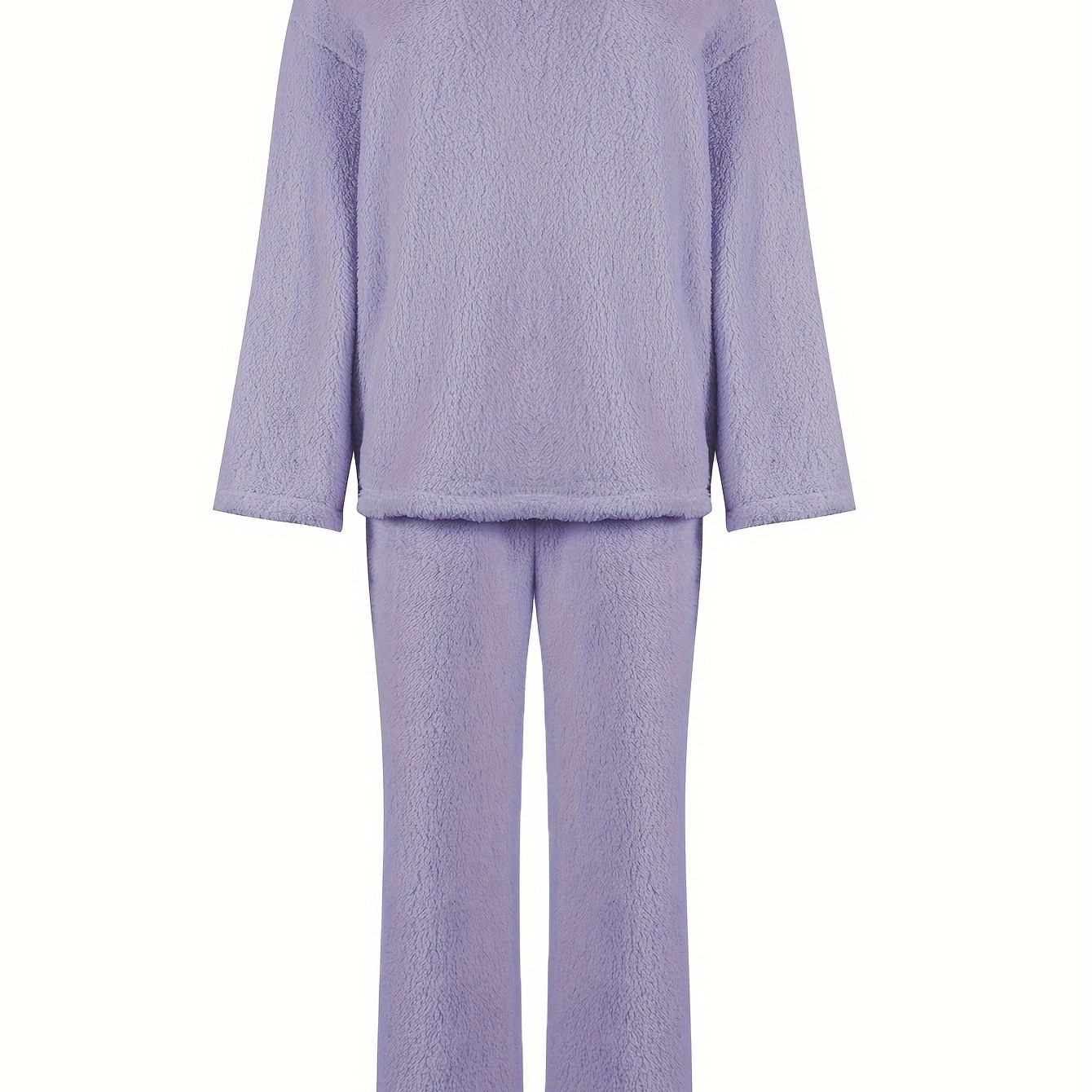 

Solid Fuzzy Pajama Set, Long Sleeve V Neck Top & Elastic Waistband Pants, Women's Sleepwear & Loungewear