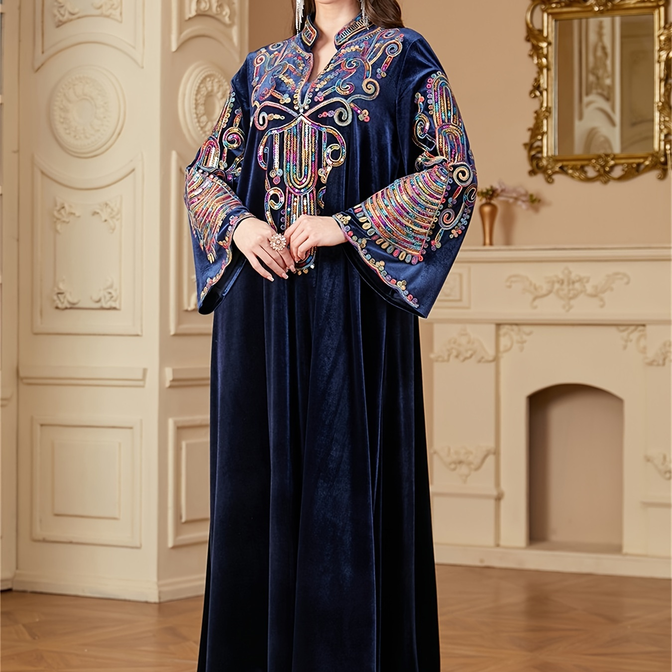 

Elegant Sequin - Long Sleeve Velvet Kaftan Dress, Dark Blue With Vibrant Floral Patterns, Maxi Length, Ramadan And Formal Occasions, Clothes