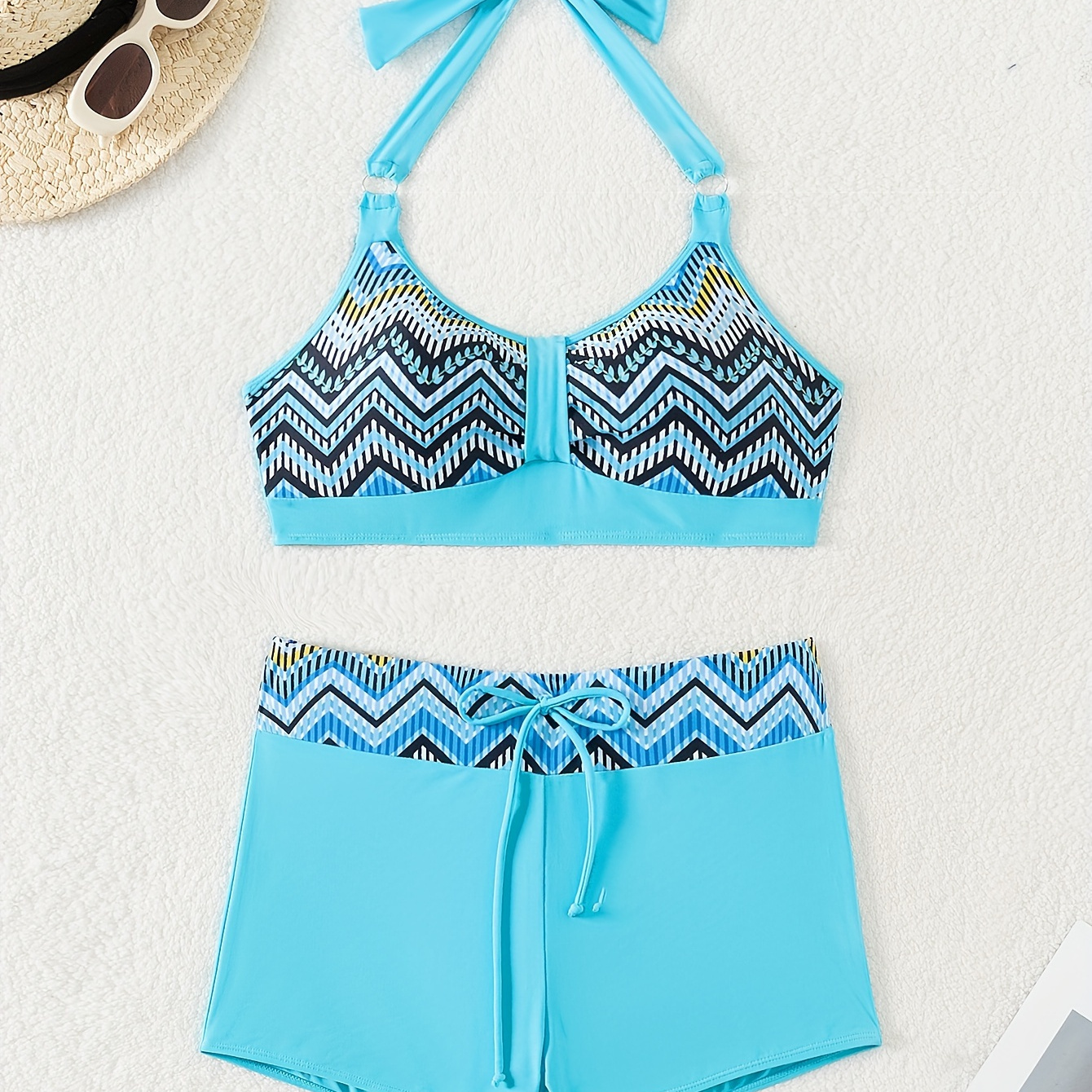 

Zigzag Print Ring Halter 2 Piece Set Bikini, Drawstring High Waist Stretchy Blue Swimsuits, Women's Swimwear & Clothing