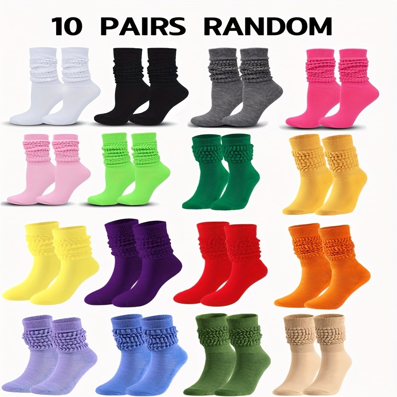 

10-pack Comfort Knit Polyester Calf Socks With Spandex - Machine Washable, Solid Color, Versatile Scrunch-top Design, Breathable, Soft & Warm For Men And Women