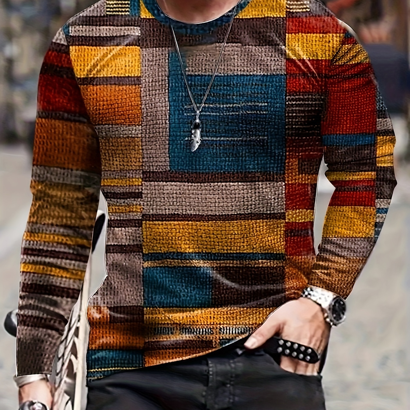 

Men's Colorful And Irregular Plaid Pattern Crew Neck And Long Sleeve T-shirt, Tops For Spring And Autumn Outdoors And Sports Wear