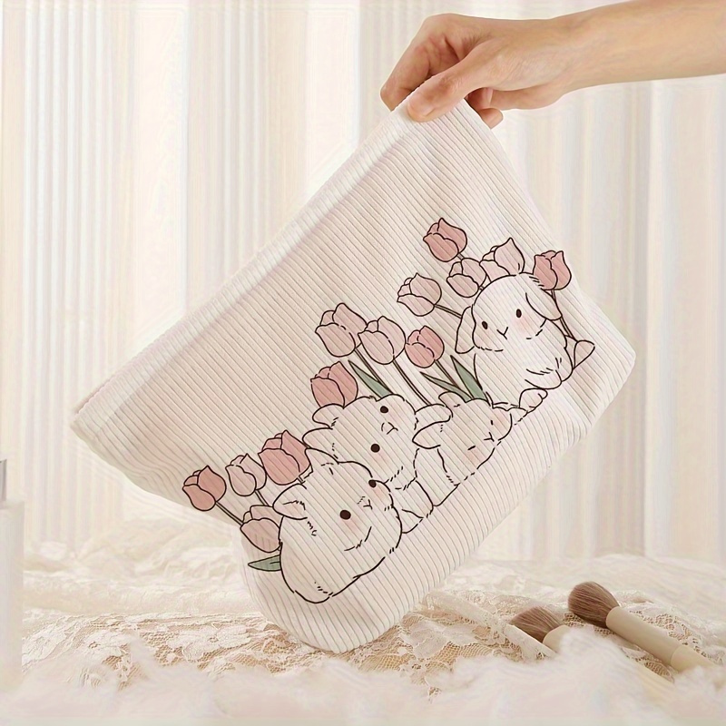 

Cute Rabbit Pattern Corduroy Zipper Pouch Cosmetic Bag, Lightweight Makeup Bag, Lined Multifunctional Toiletry Organizer With Inner Pocket