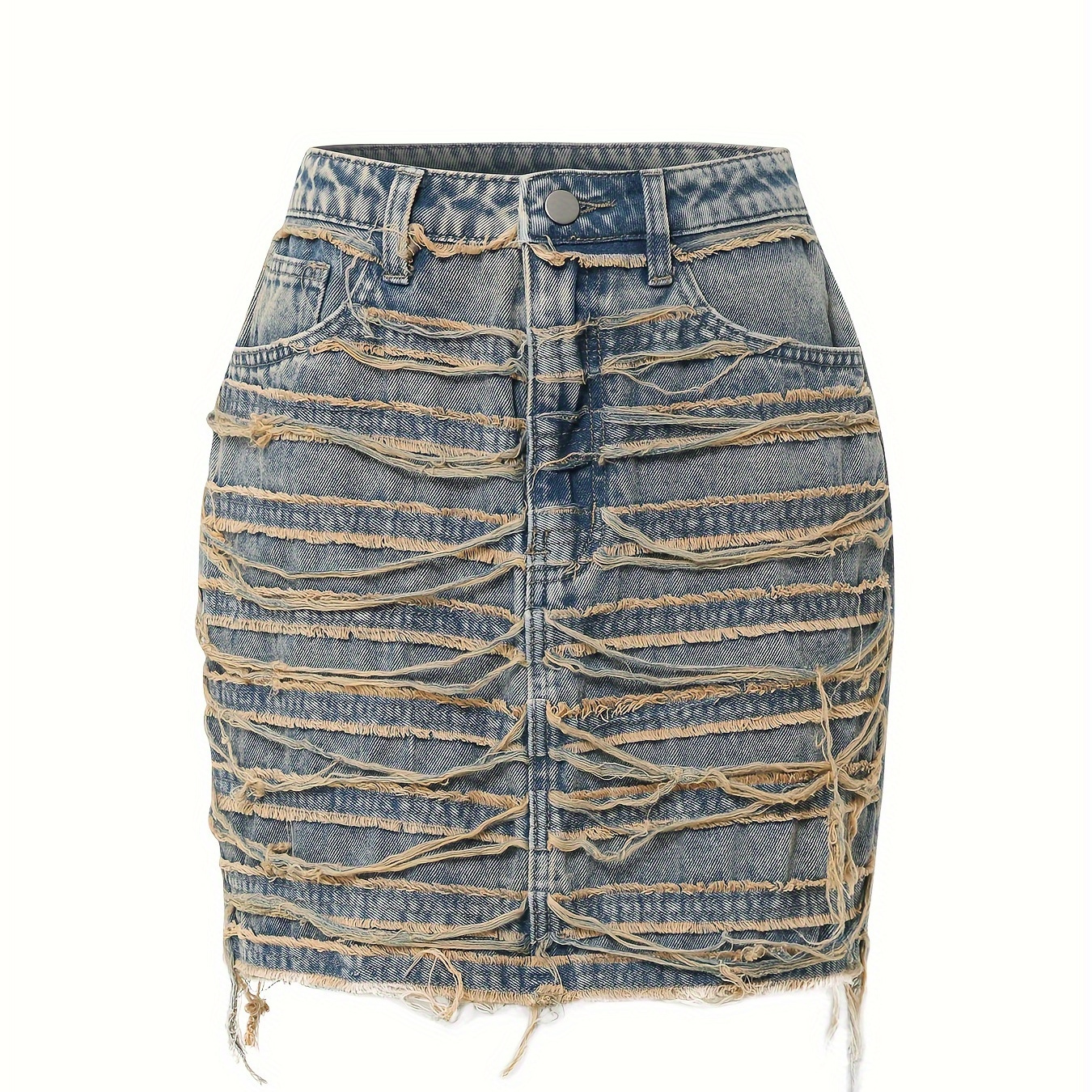 

Raw Seam Hem Vintage Washed Y2k Retro Denim Skirt, High Rise Slash Pocket Distressed Bodycon Mini Denim Skirt, Women's Denim Jeans & Clothing