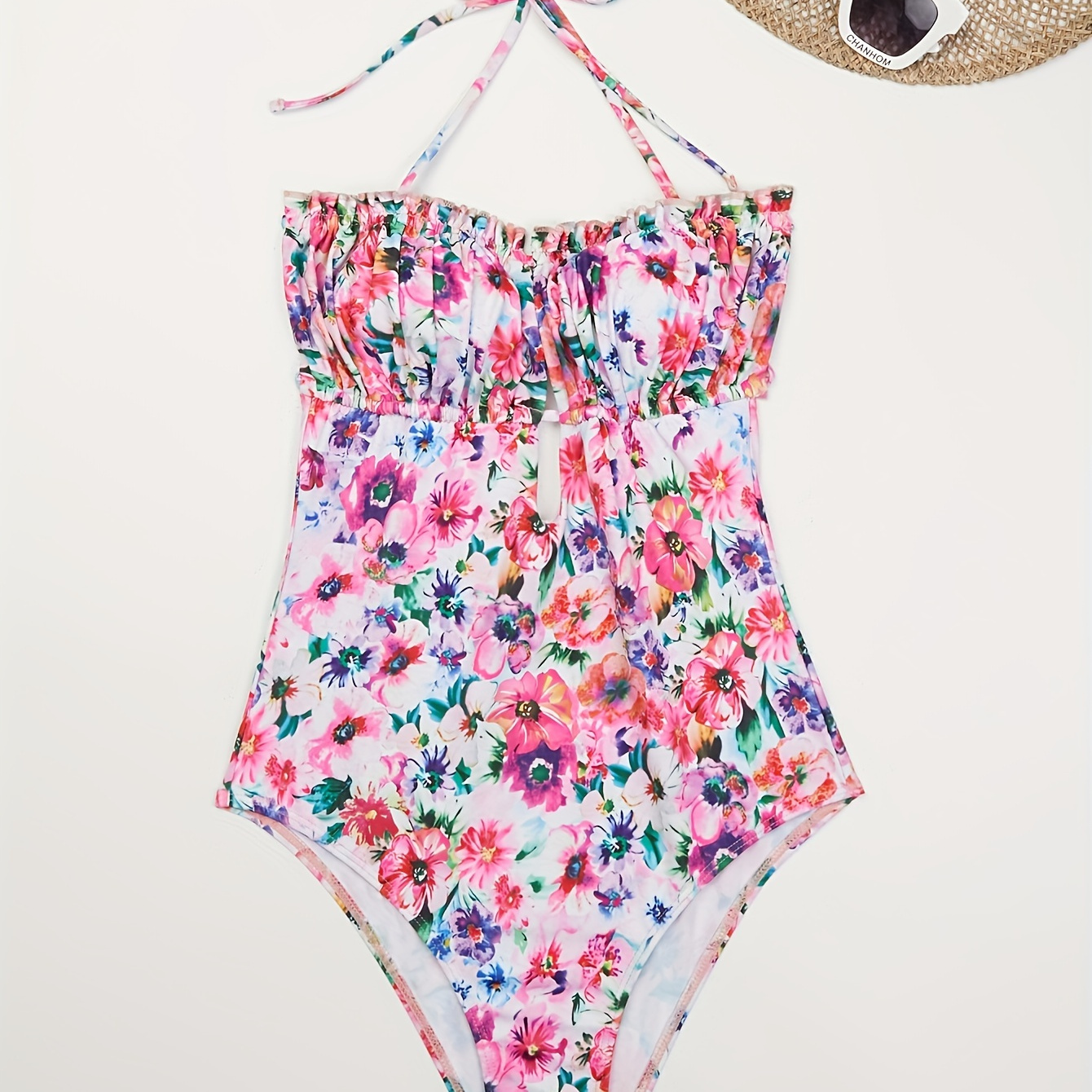 

Floral Pattern One-piece Swimsuit, Halter Neck Tie Back Backless High Cut Bathing Suits, Women's Swimwear & Clothing