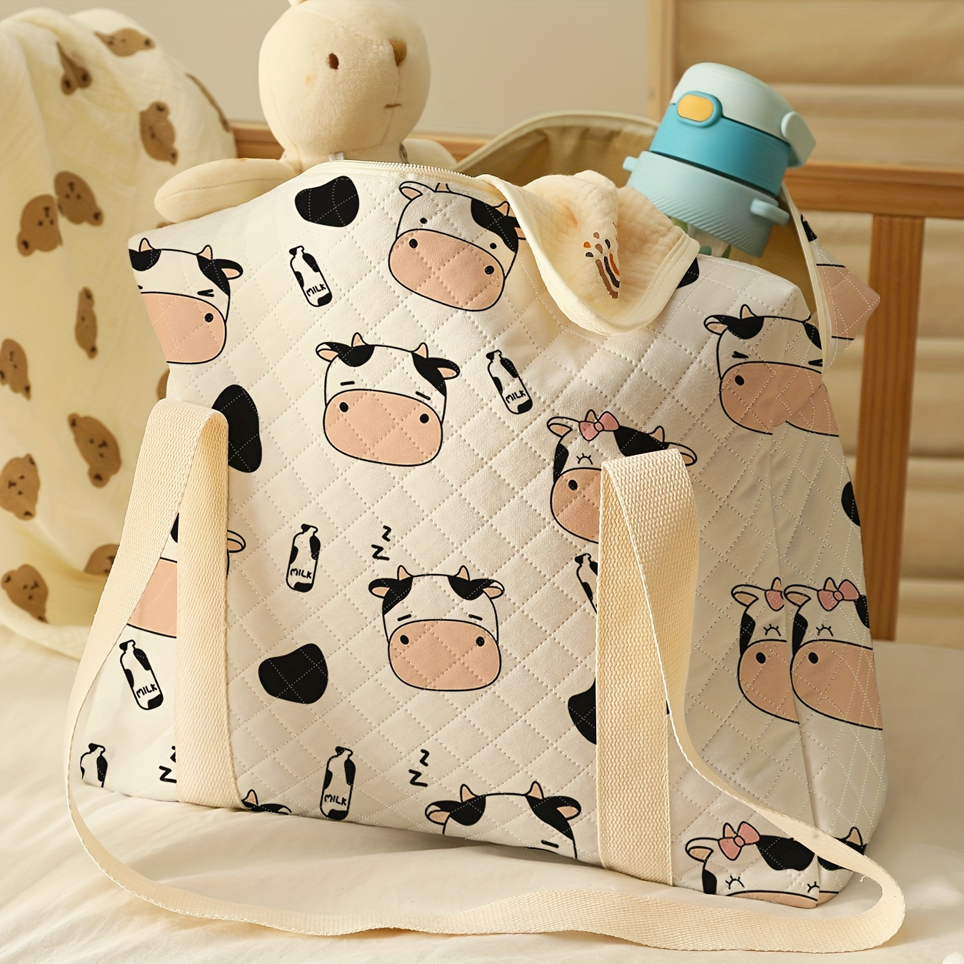 

Large-capacity Cartoon Cow Print Diaper Bag - Reusable Mommy & Stroller Organizer For Travel