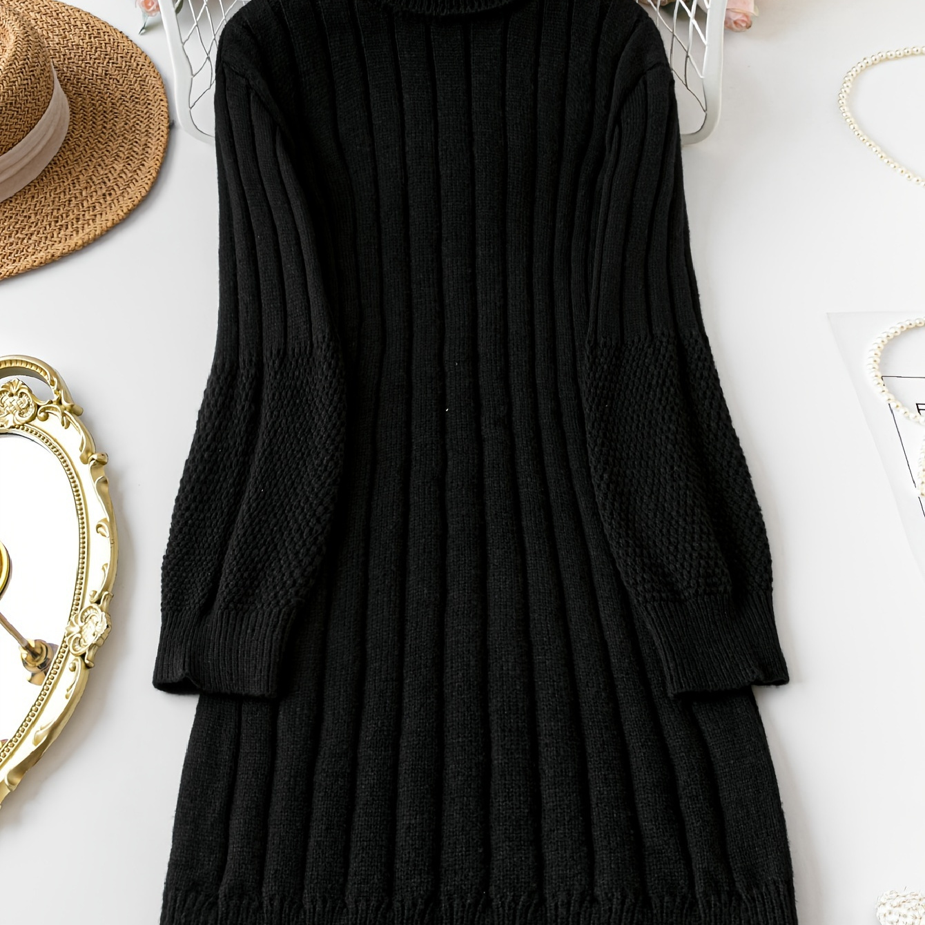 

Turtleneck Ribbed Sweater Dress, Casual Solid Long Sleeve Dress, Women's Clothing