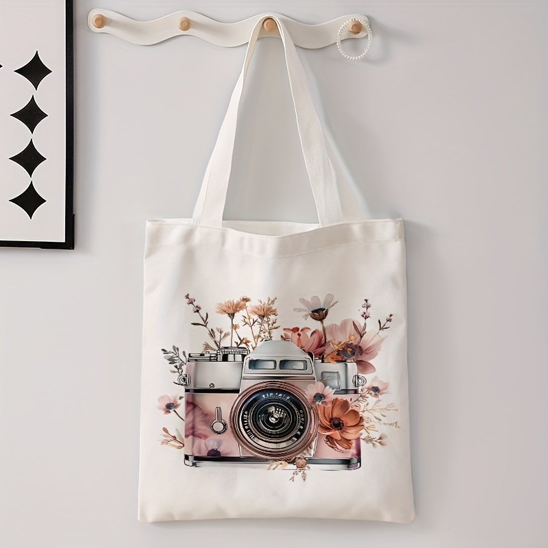 

Floral Camera Print Tote Bag, Polyester Canvas Shopping Bag With No-closure, Reusable Fashion Shoulder Bag With Letter Print, Multi-functional Casual Handbag