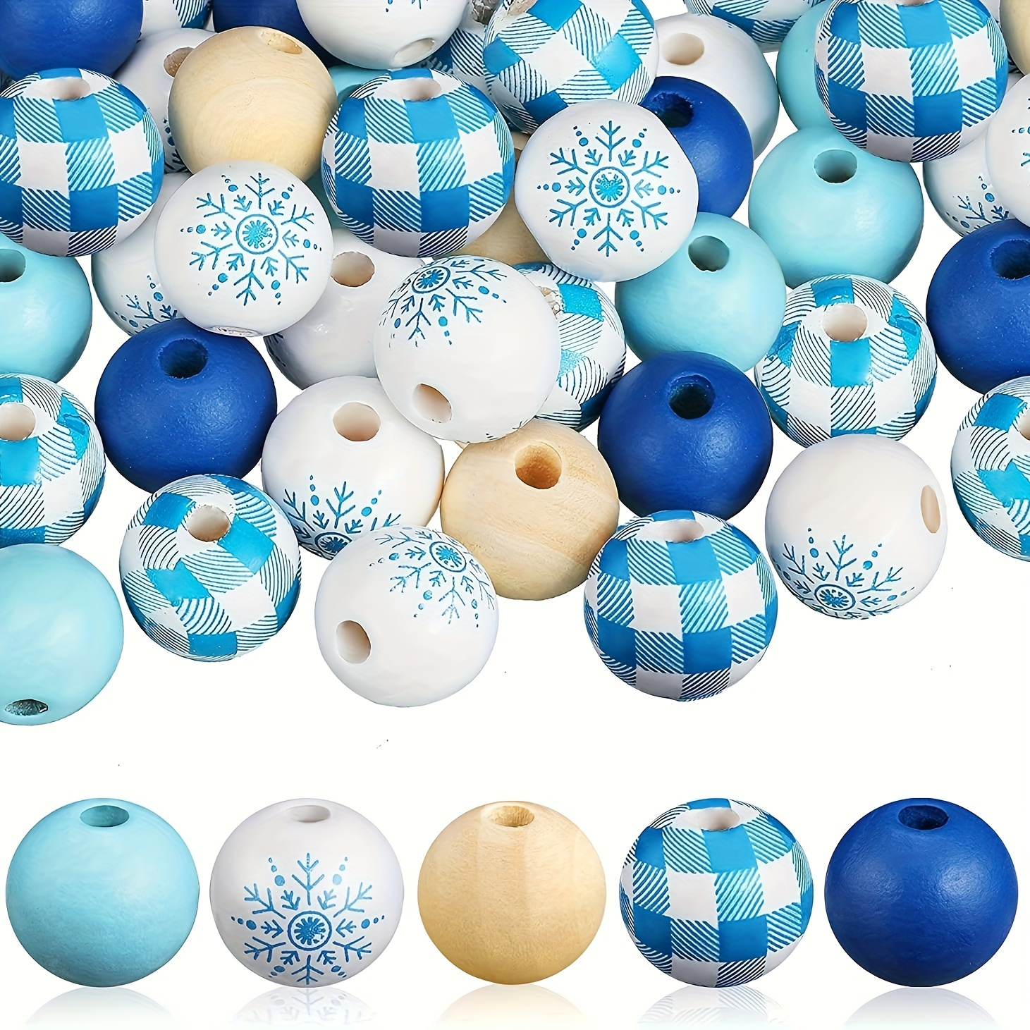 50pcs 16mm Blue Snowflake Pattern Plaid Wooden Beads For Jewelry Making Diy Home Birthday Party Winter Christmas Decorations Handmade Craft Supplies