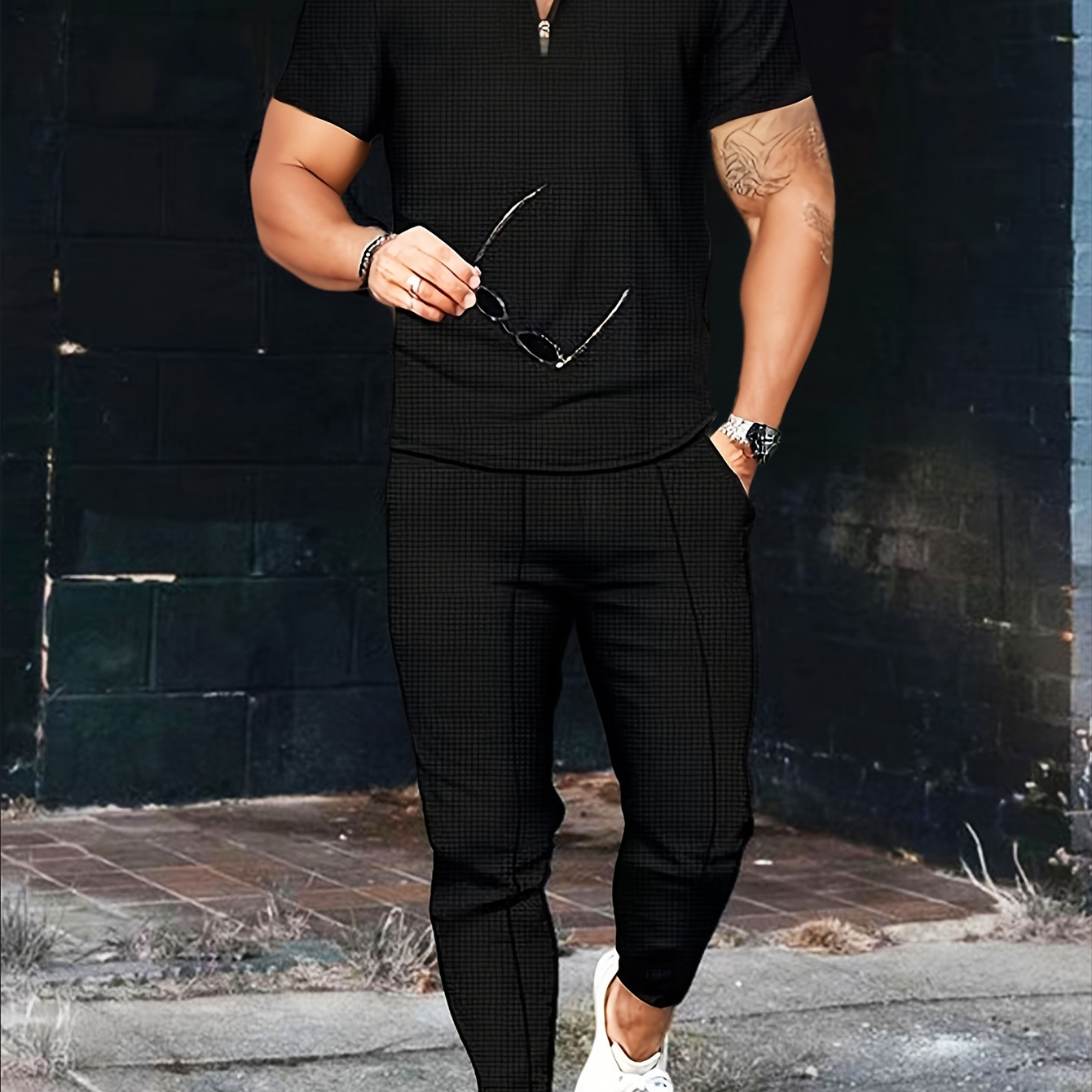 

Men's Short Sleeve Long Pants Waffle Knit Zipper Collar Casual Two-piece Set
