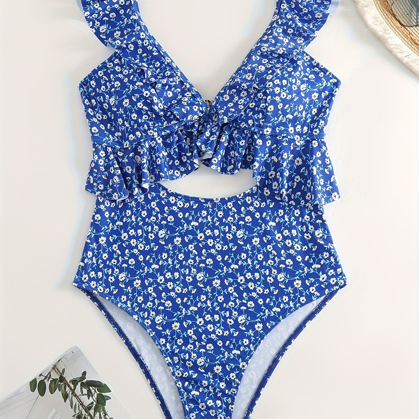 

Ditsy Floral Print Cut Ou Bathing Suits, Blue Push Up Tummy Control Swimsuit, Women's Swimwear & Clothing