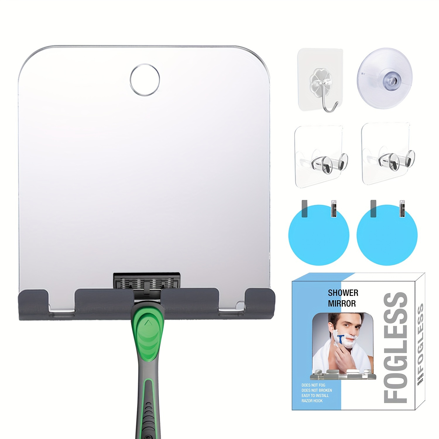 

Fogless Shower Mirror Set With Razor Holder, Anti-fog Film, Transparent Suction Cups And Hooks, Shatterproof Wall-mounted Bathroom Shaving Mirror For Men & Women