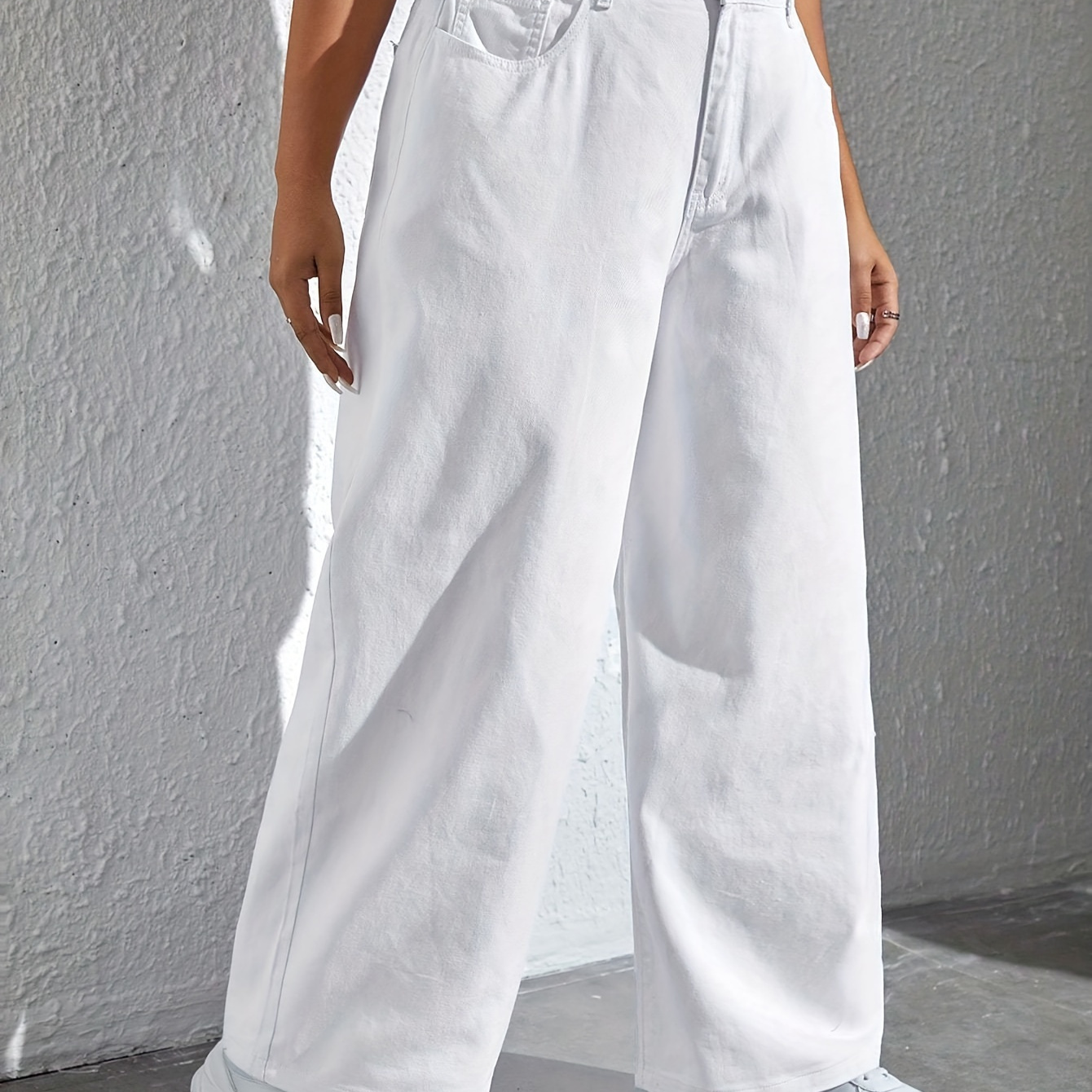 

Women's Casual Jeans, Plus Size Plain White Slash Pocket High Rise Loose Fit Wide Leg Denim Pants