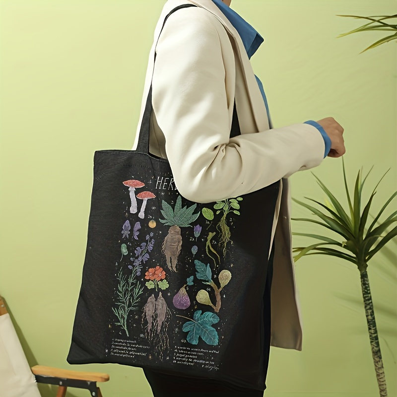 

Botanical Print Tote Bag, Large Capacity Shoulder Shopping Bag, Casual Travel Beach Bag With Herbal Science Design For Women