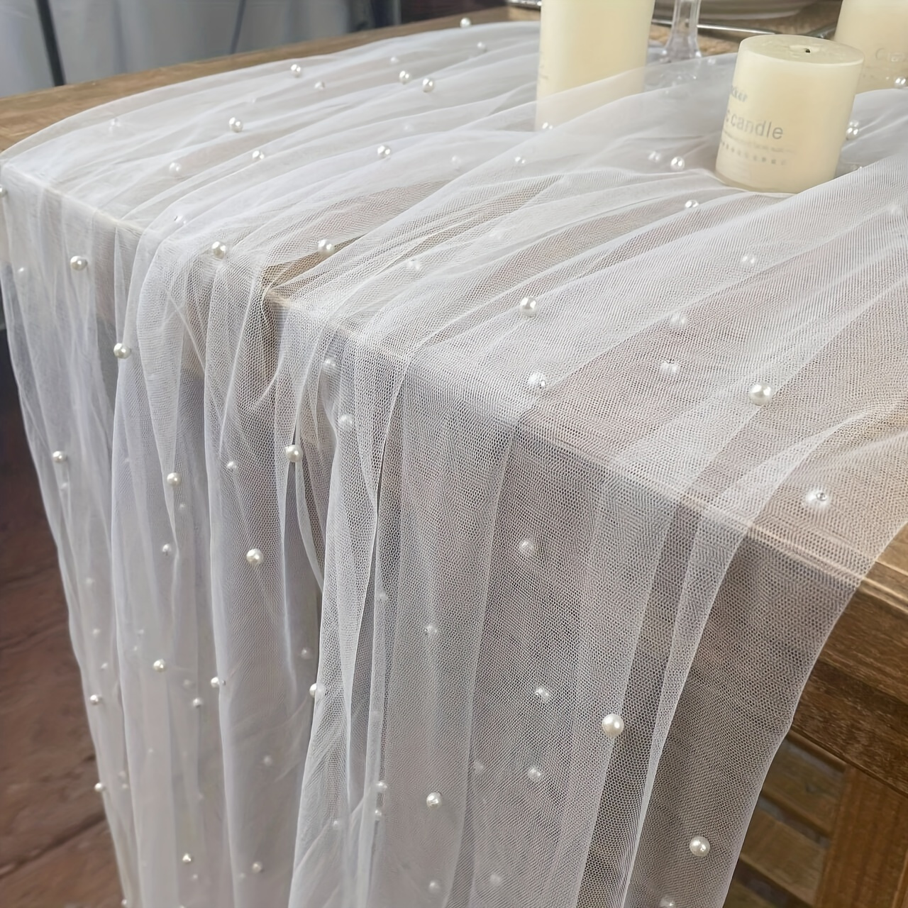 

1pc Table Runner, 28ft*78ft (72cm*200cm) Pearl Mesh Chiffon Table Runner, Wedding Arch Decoration, Romantic Dinner Decoration, Wedding Festival Birthday Party Supplies