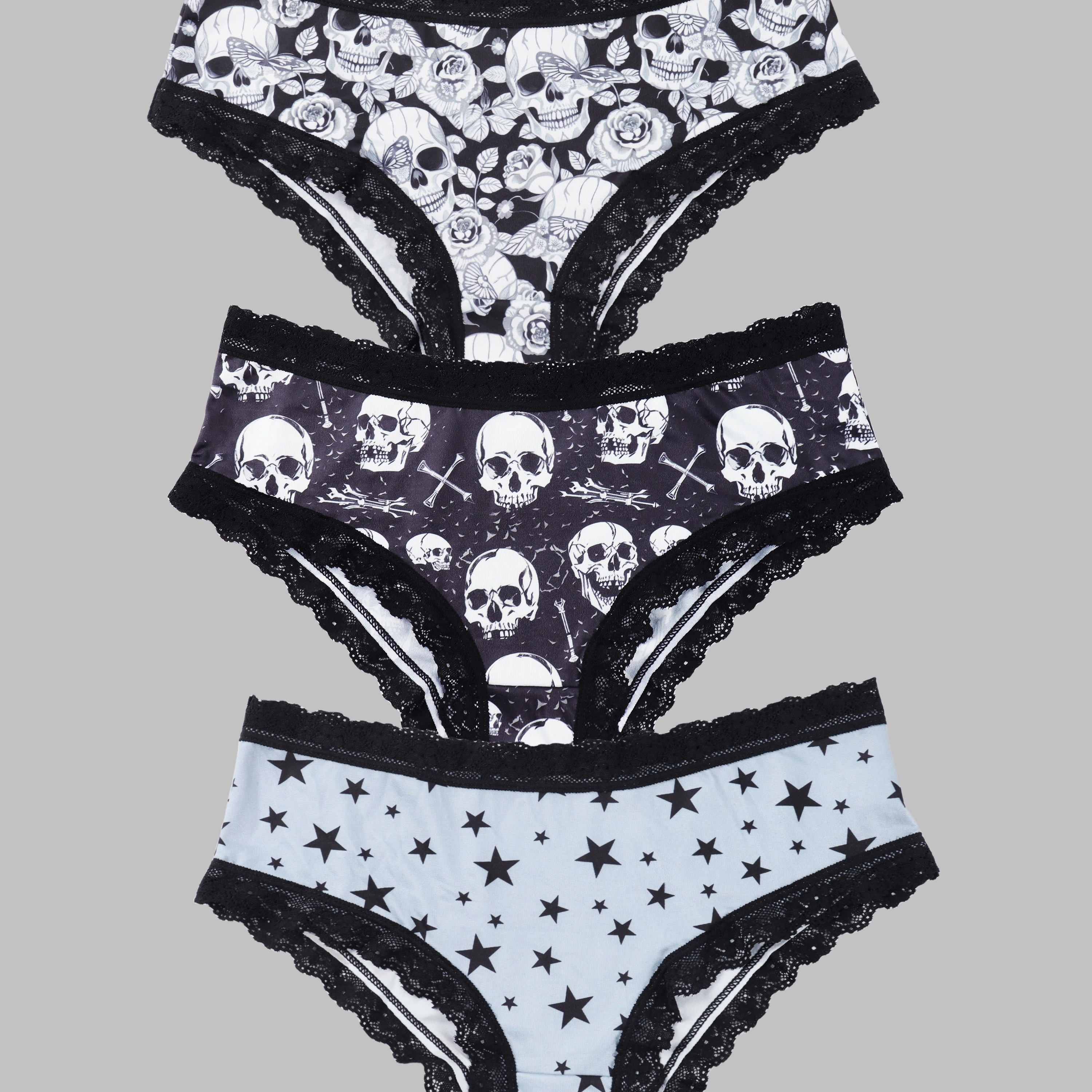 

3pcs Sexy Gothic Contrast Lace Hipster Panties Low Waisted Bikinis, Halloween Rose Skull & Stars Allover Print Intimates Panties, Women's Underwear & Lingerie