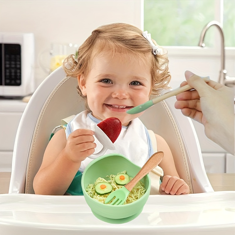 

3pcs Silicone Feeding Bowl, Fork And Spoon Set, Suction Bowl, Feeding Kit With Wooden Handle, Non Slip, Microwave Safe