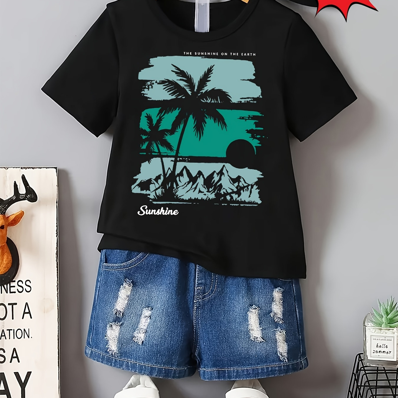 Boys' Black Cotton T-Shirt with Tropical Palm Trees & Seaside Graphic Print