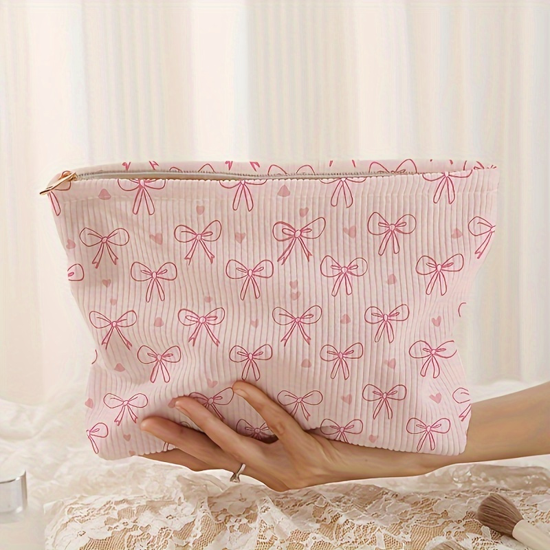 

Bowknot Pattern Printed Corduroy Zipper Cosmetic Bag, Lightweight Makeup Pouch With Lined Interior, Multifunctional Toiletry Organizer, Polyester Unscented Random Print