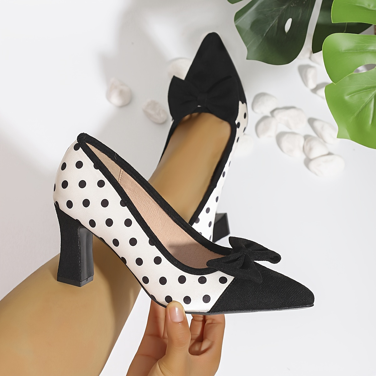 

Versatile , Women's Polka Pumps, Bowknot Decor Slip On Shallow Mouth Chunky Heels, Point Toe Elegant Dress Shoes, High Heel, Polka Dot, , Comfortable