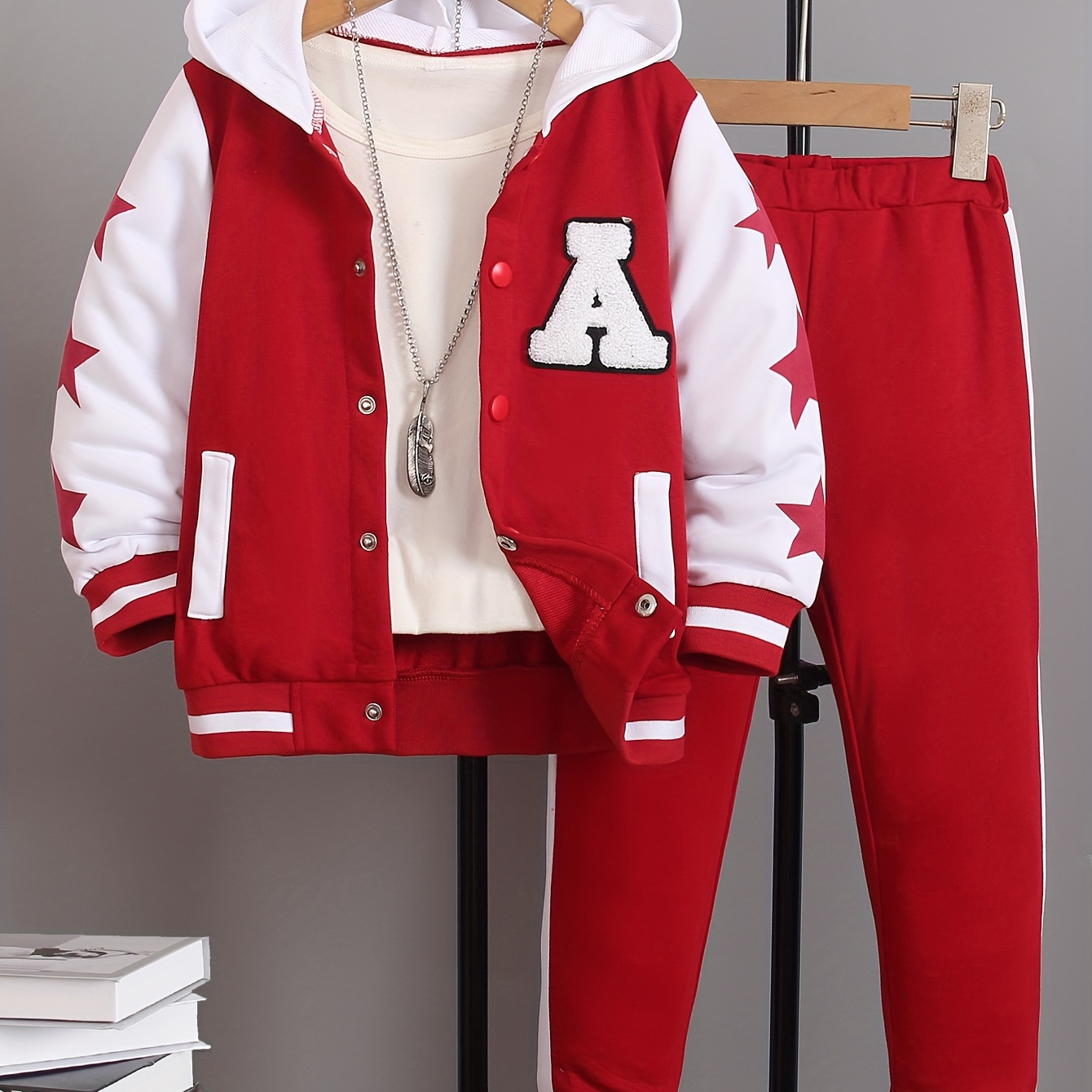 

Varsity Set For Little Girls, Snap Buttons Hooded Uniform Hoodie + Trouser 2pcs Casual School Clothes