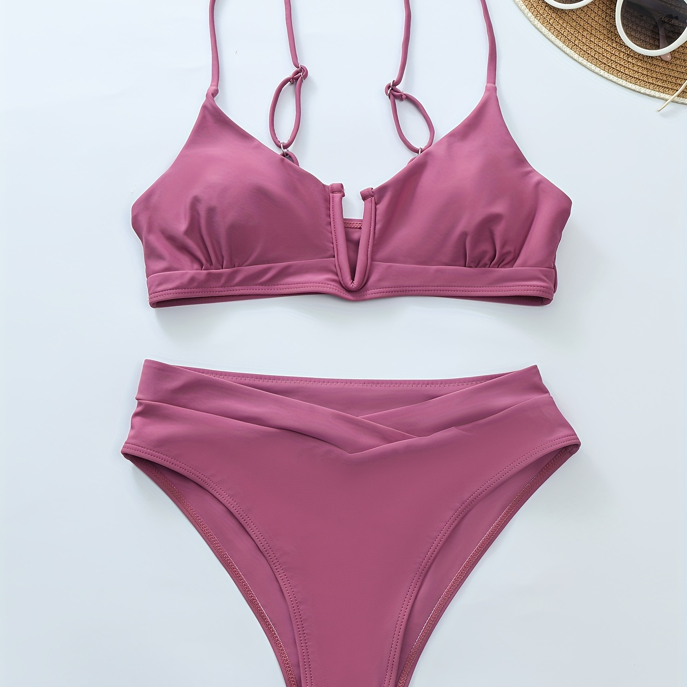

Solid Color Sexy 2 Piece Set Bikini, V Neck Stretchy High Cut Swimsuits, Women's Swimwear & Clothing