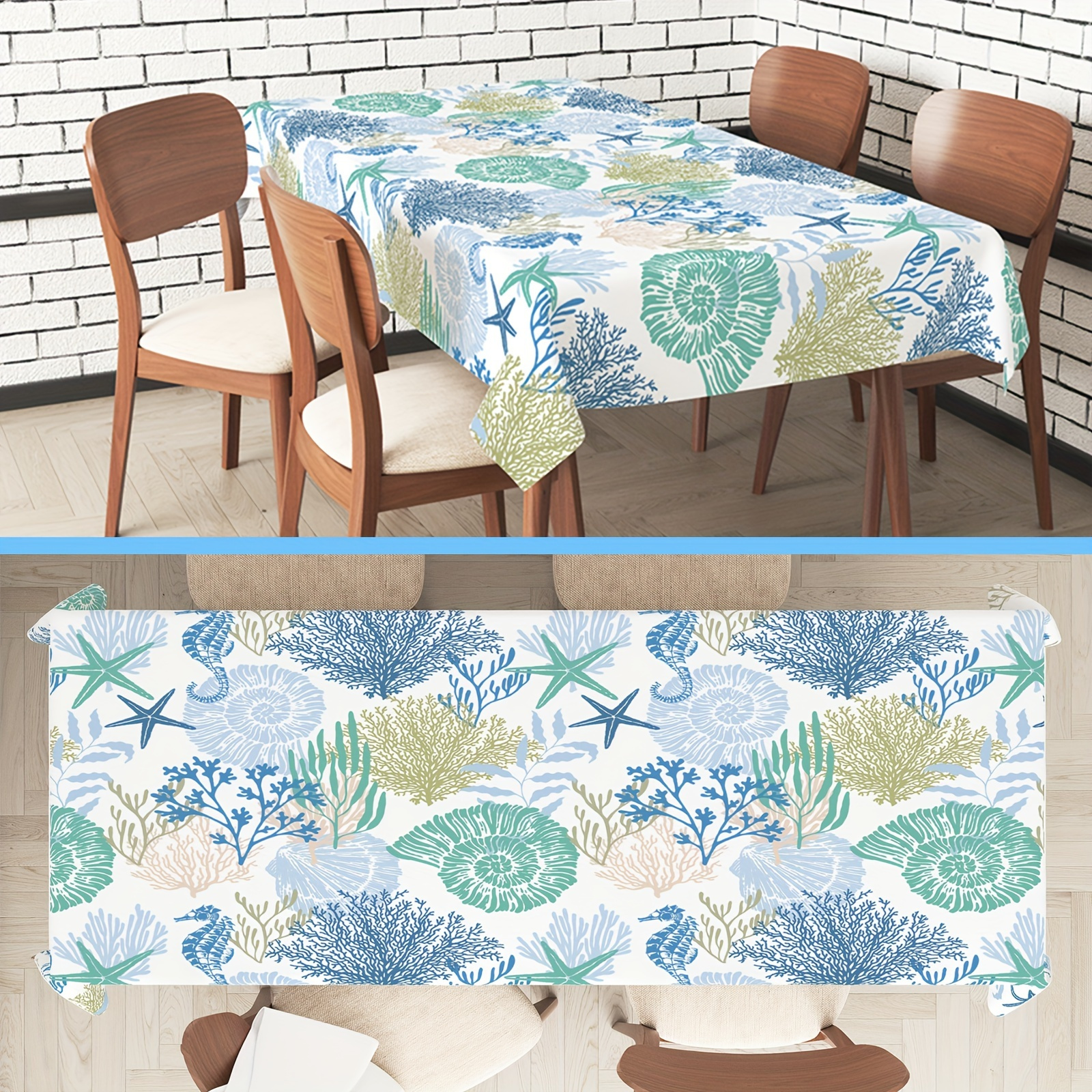 

1pc Polyester Tablecloth Animal Print, Handmade Woven Square Table Cover With Seagrass & Seahorse, Watercolor Blue Lines, Ocean For Picnic Dinner Party Decor, Festive Rectangle Table Decor Fabric