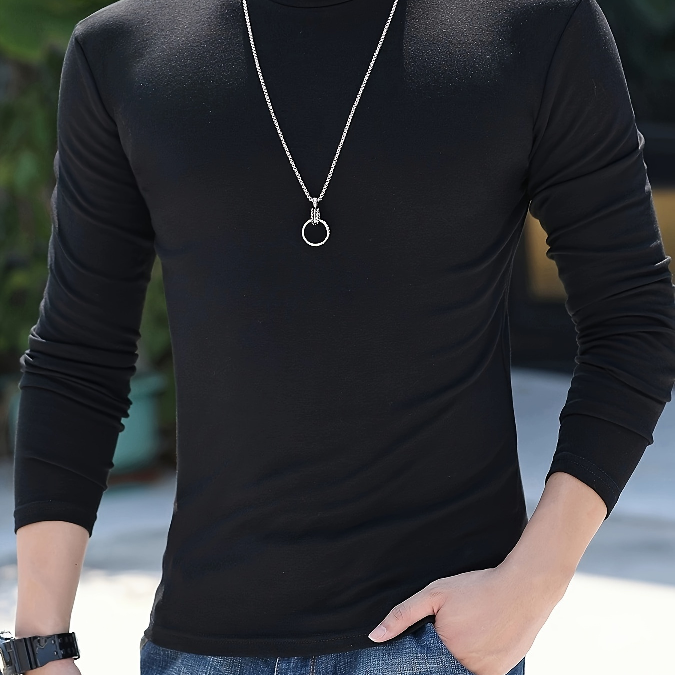 

T-Shirt à Col Haut et Manches Longues pour Homme - Coupe Slim, Mélange de Polyester Chaud et Extensible, Couleur Unie, Idéal pour & l'Hiver