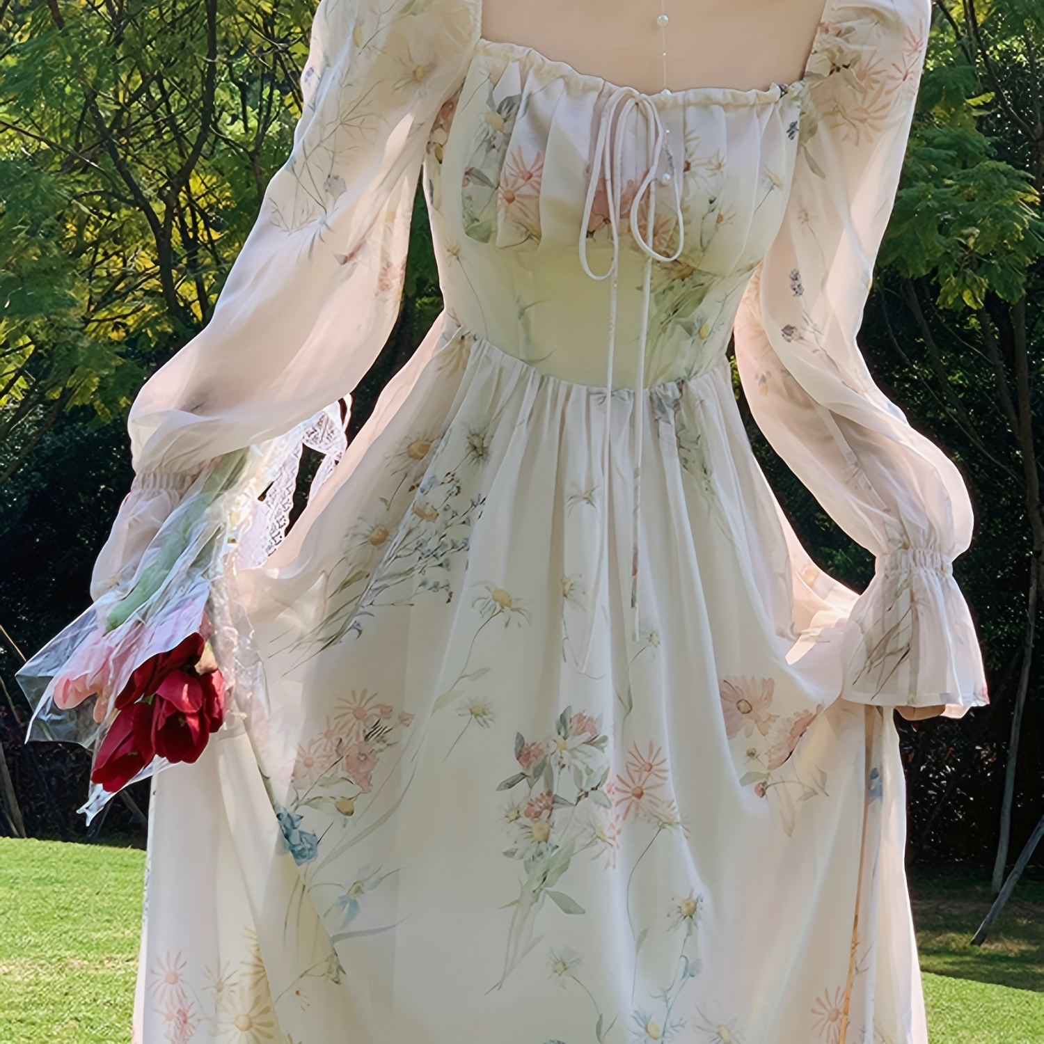 

Floral Print Square Neck Dress, Elegant Ruffle Hem Aline Long Sleeve Dress For Spring & Fall, Women's Clothing