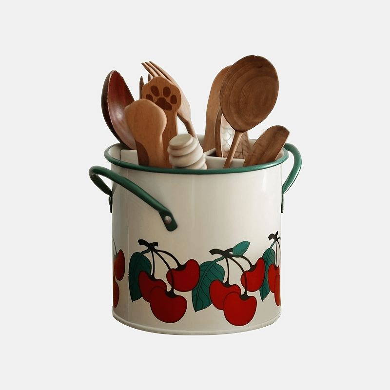 TEMU 1pc, Vintage Cherry Tableware Bucket, Household Kitchen Chopsticks Cage, Knife And Fork Storage Bucket, Creative Inner Divider Drain Basket Rack, Kitchen Tools, Kitchen Accessories