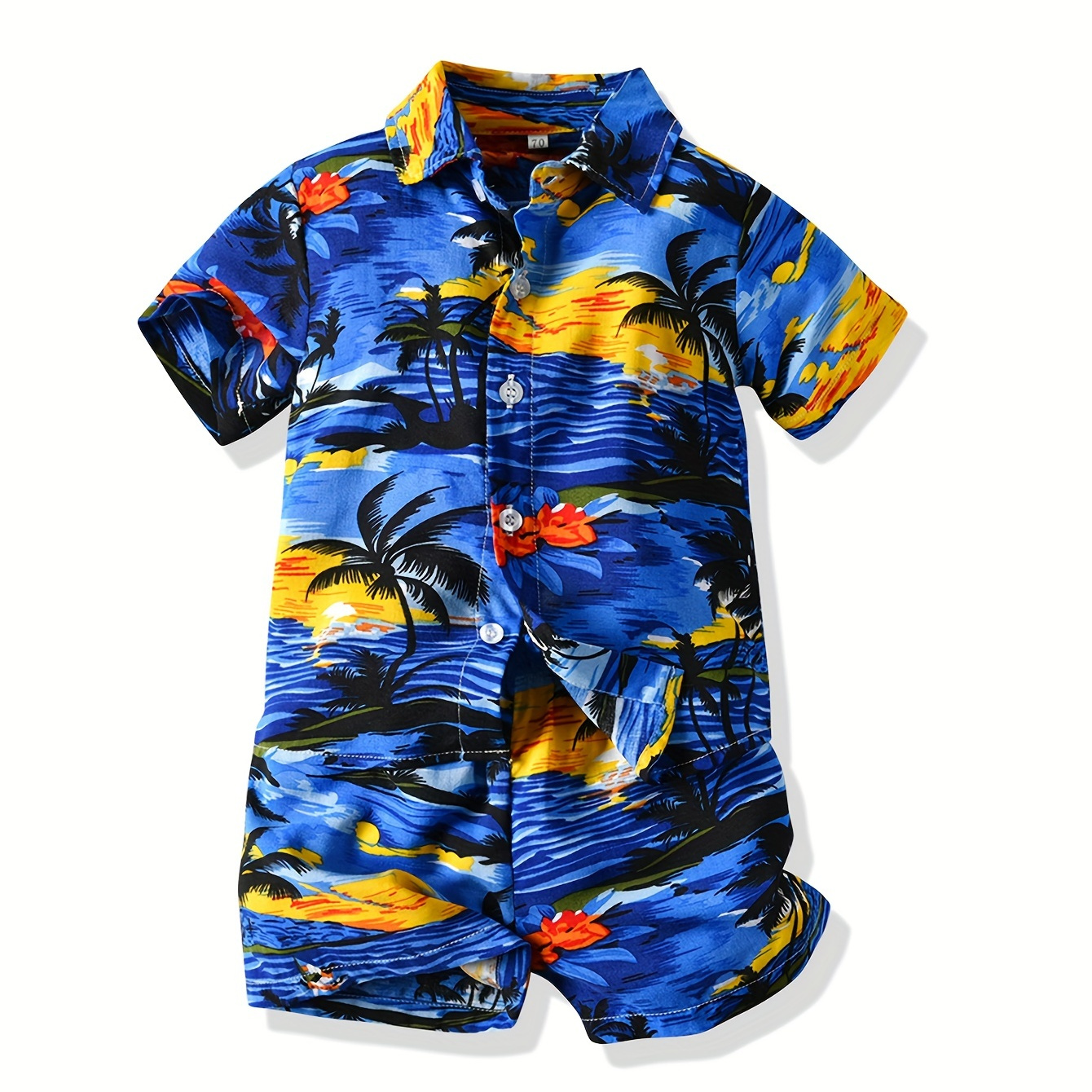 

2pcs Boys Hawaii Beach Coconut Tree Graphic Print Short Sleeve Lapel Shirt&shorts Set, Comfy Summer Kids Clothing
