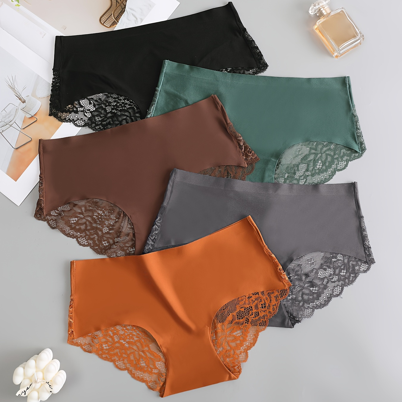 

5pcs Solid Floral Lace Seamless Briefs, Sexy Semi Sheer Breathable Stretchy Intimates Panties, Women's Lingerie & Underwear