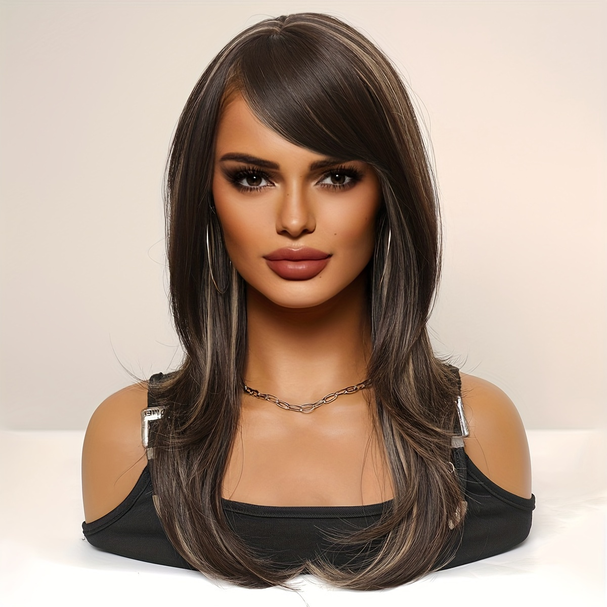 

Long Brown Wig With Golden Highlights For Women, Long Loose Wavy Layered Synthetic Hair Wig With Bangs For Daily Party 22inches