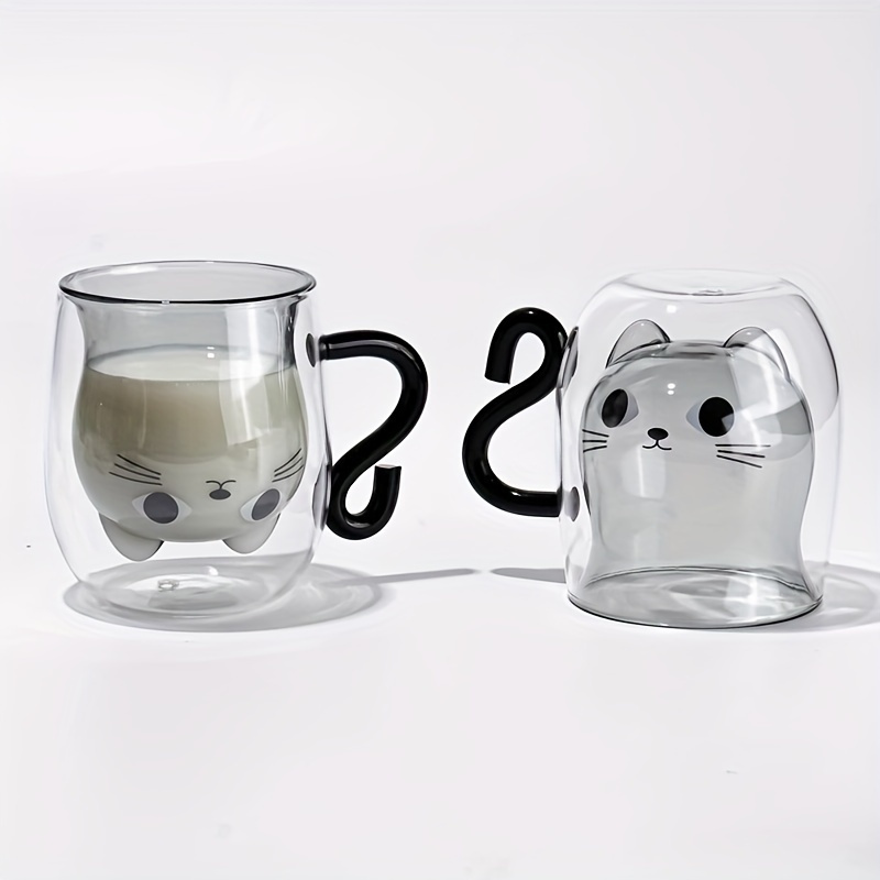 

1pc, Cute Kitten Glass Coffee Mug, 250ml/8.82oz Heat Resistant Double-walled Espresso Coffee Cups, Heat Insulated Water Cup With Handle, Summer Winter Drinkware, Birthday Gifts