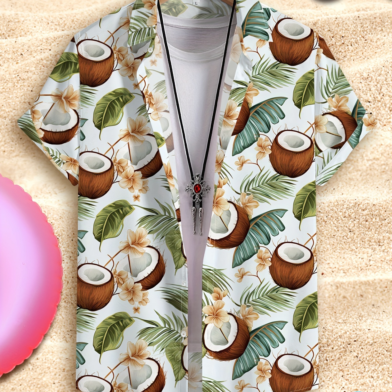 

Chemise à manches courtes pour hommes avec imprimé graphique de noix de coco, chemise décontractée à revers boutonnée pour les activités de plein air