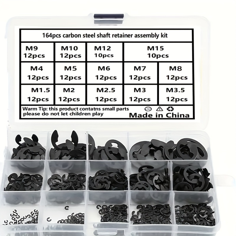 

120/164pcs Carbon Steel E-shaped Clip Washer Assortment Kit For Shaft Fastener M1.5-m15 Elastic Stopper C-shaped Snap Ring