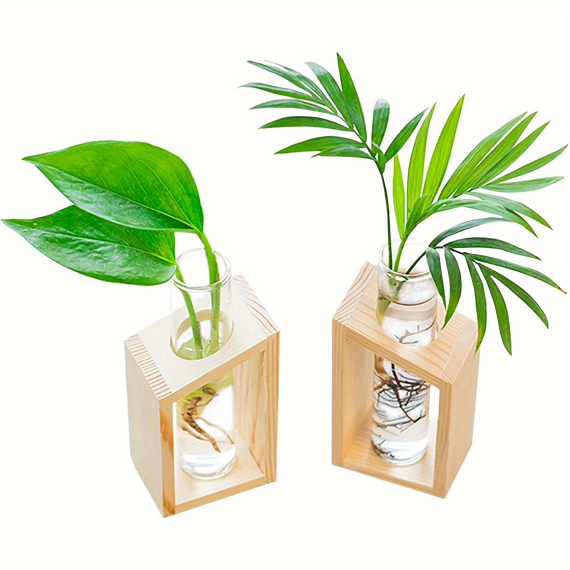 

2-piece Mini Glass Propagation Station - Elegant Hydroponic Plant Terrarium With Wooden Stand, Removable Test Tubes & Accessories For Home Garden Decor