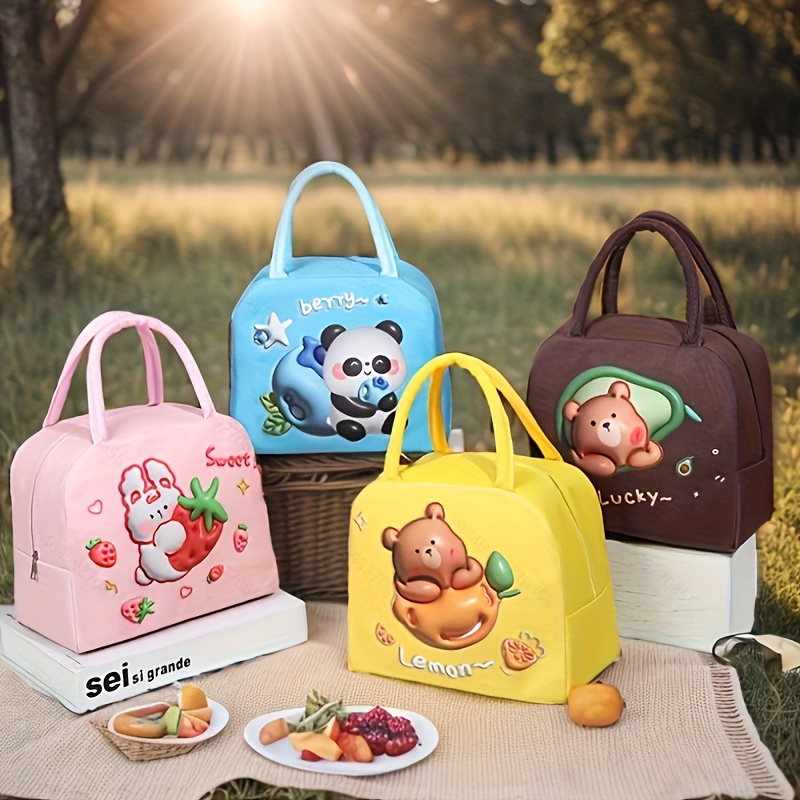 1set Portable Cute Bear Pattern Kids' Lunch Box With Bag And